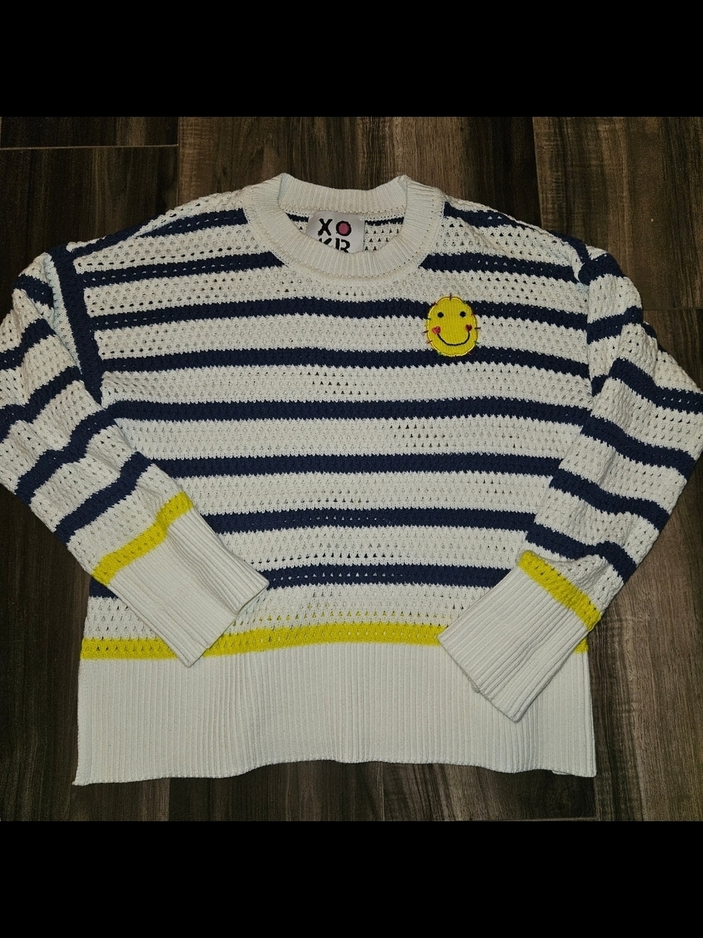 Kerri Rosenthal White Navy Striped Crochet Top with Yellow Smiley Patch